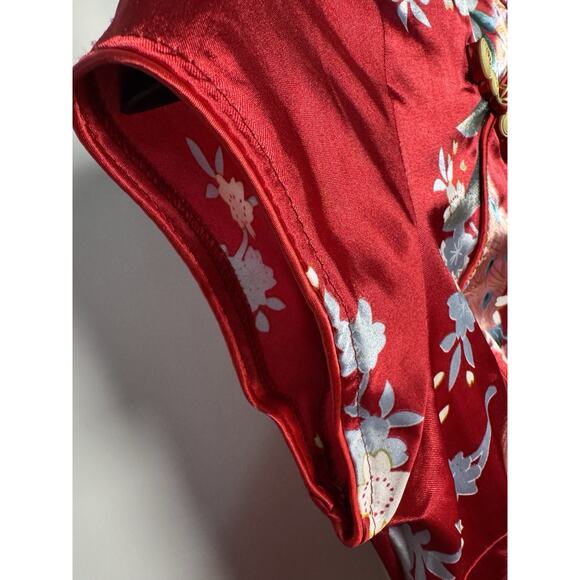 Red Cheongsam Dress - Floral Peacock Qipao - Mini - Size M (US Small) - Picture 5 of 8